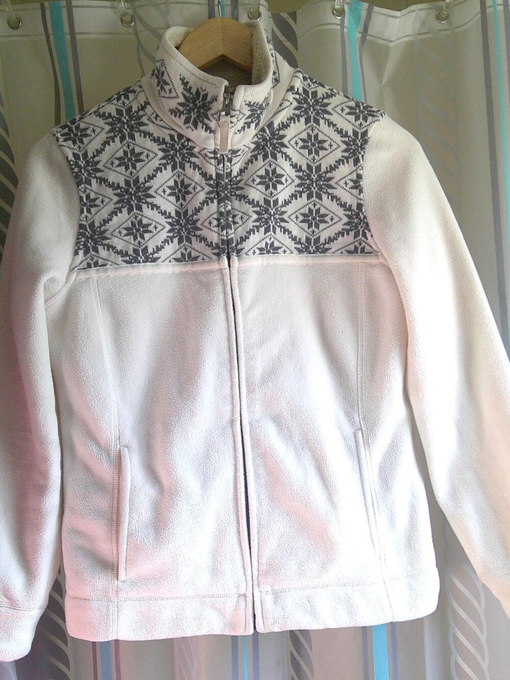 "L.L.Bean" Warm Polartec Fleece Jacket Grey Knit Fair Isle Woman Sz XS